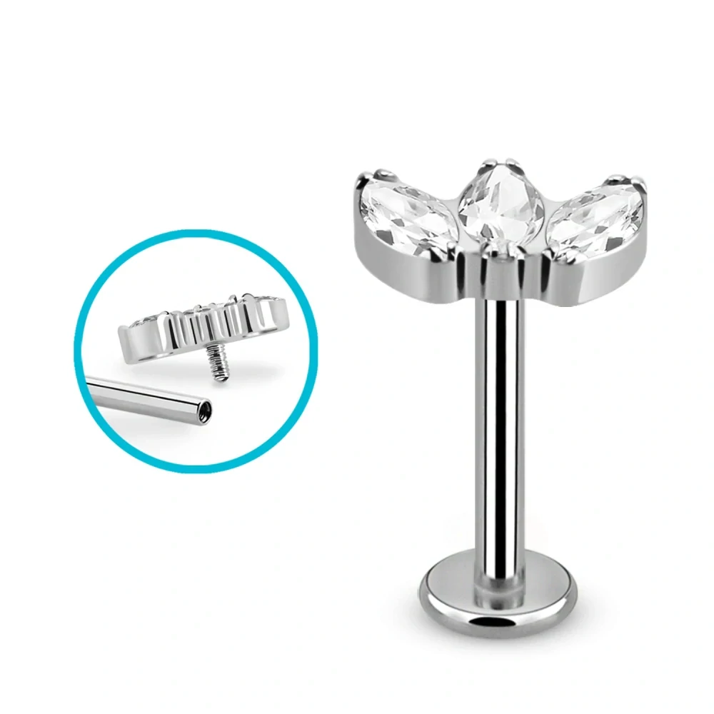 Titanový labret se třemi různébarevnými krystaly – ocelová barva