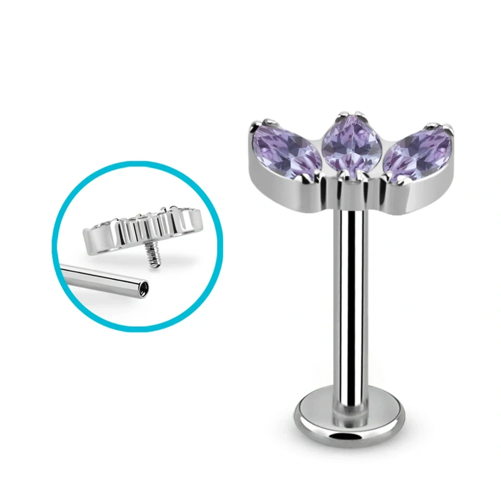Titanový labret se třemi různébarevnými krystaly – ocelová barva