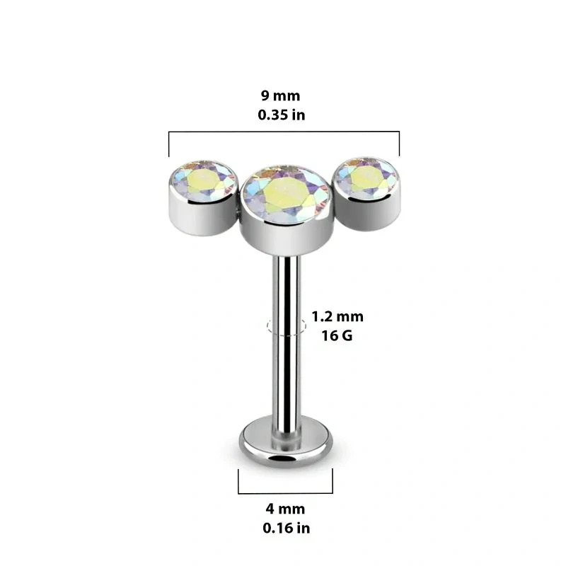 Titanový piercing G23 se třemi kulatými krystaly