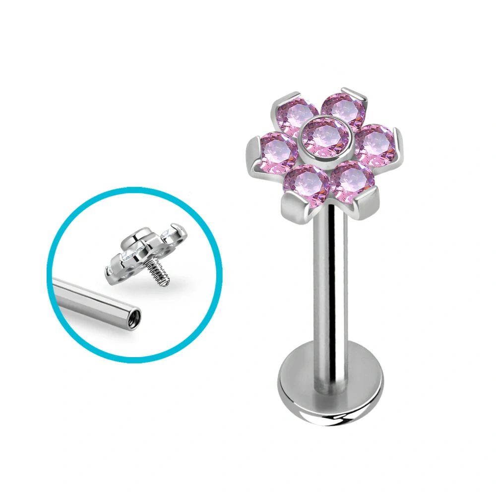 Titanový labret s květinkou – ocelová barva, různé barevné varianty