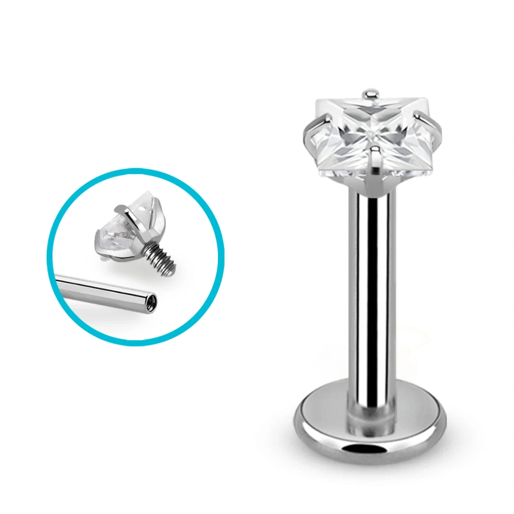 Titanová labretka s čirým kamínkem ve tvaru krychličky – zlatá / ocelová