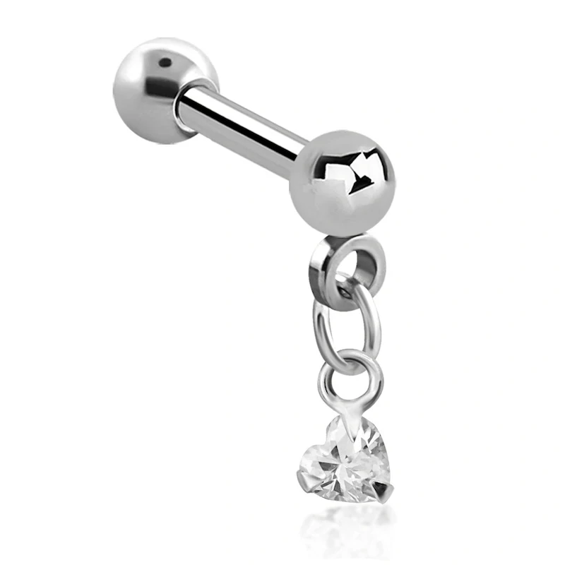 Stříbrná činka do ucha se srdíčkem a řetízkem – růžová 8 mm