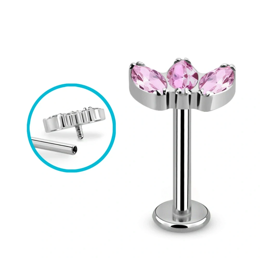 Titanový labret se třemi různébarevnými krystaly – ocelová barva