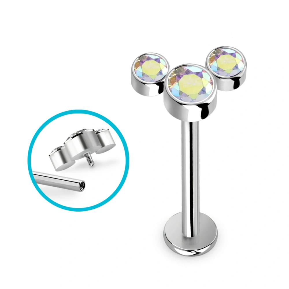 Titanový piercing G23 se třemi kulatými krystaly