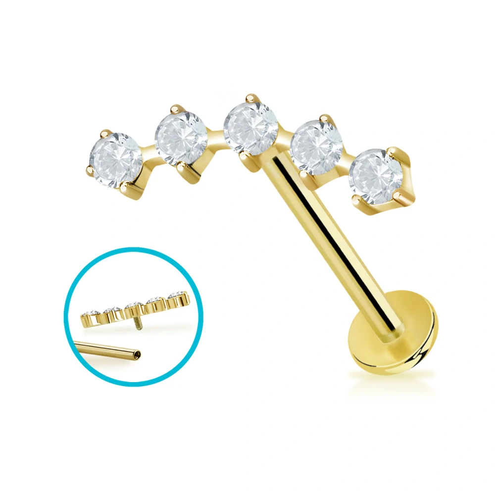 Titanový labret s pěti krystaly – variabilní barvy těla i zirkonů