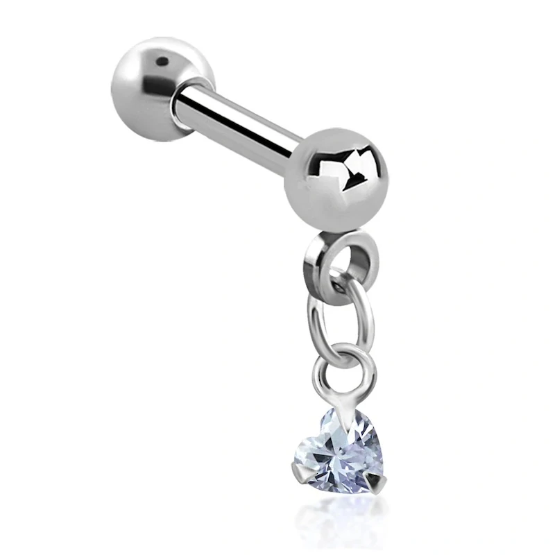 Stříbrná činka do ucha se srdíčkem a řetízkem – růžová 8 mm