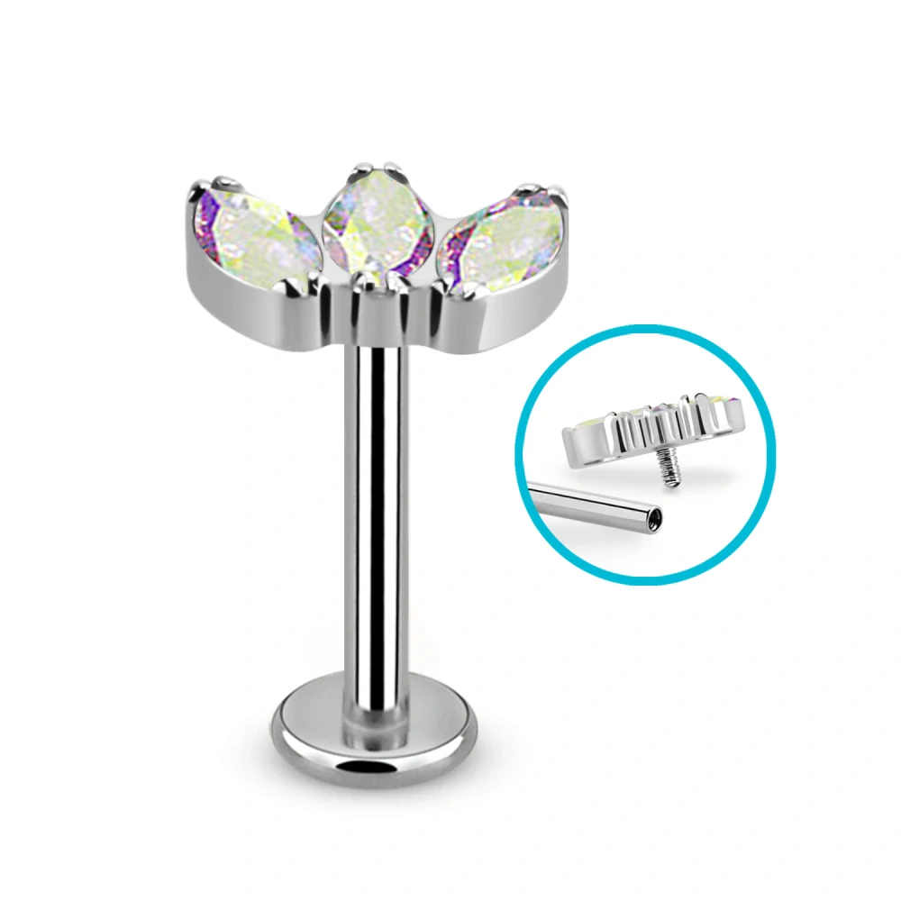 Titanový labret se třemi různébarevnými krystaly – ocelová barva