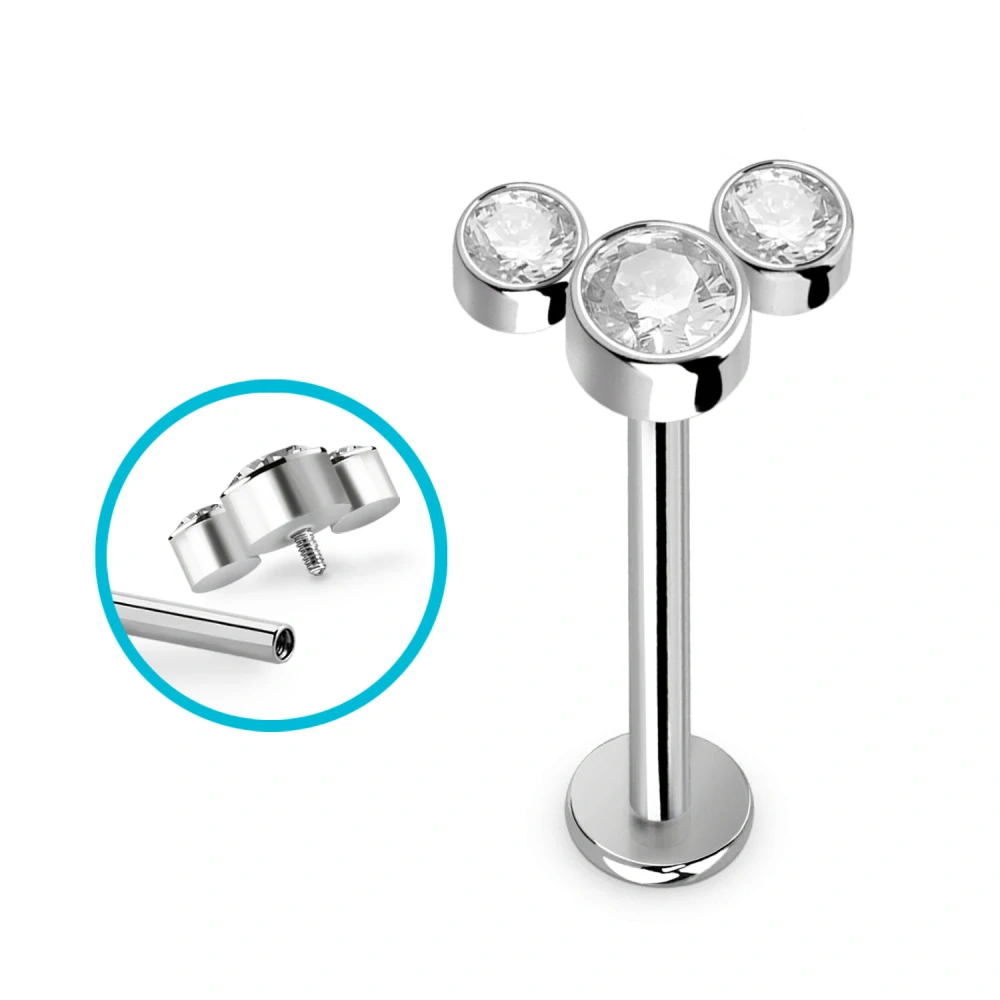 Titanový piercing G23 se třemi kulatými krystaly