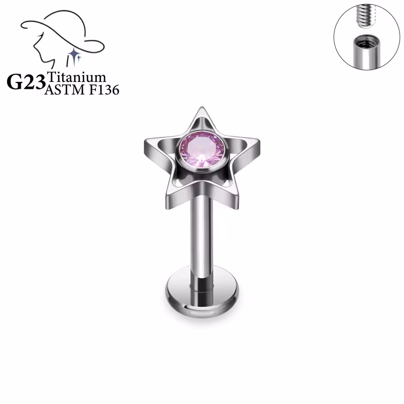 Titanový labret piercing s hvězdičkou – G23 – růžová