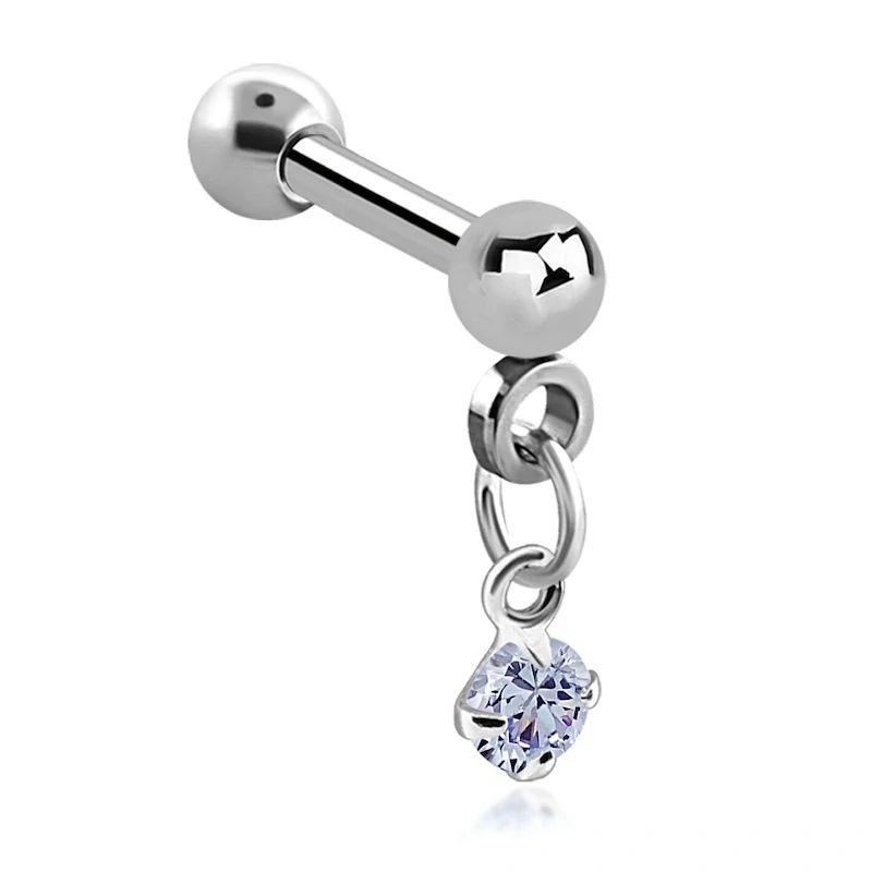 Stříbrný piercing do ucha s kamínkem a řetízkem – levandulová 10 mm