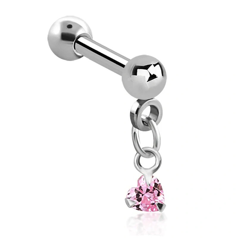 Stříbrná činka do ucha se srdíčkem a řetízkem – růžová 8 mm