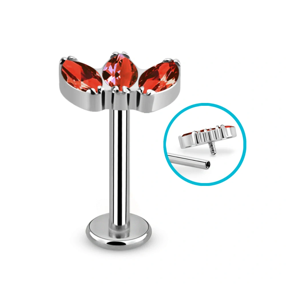 Titanový labret se třemi různébarevnými krystaly – ocelová barva