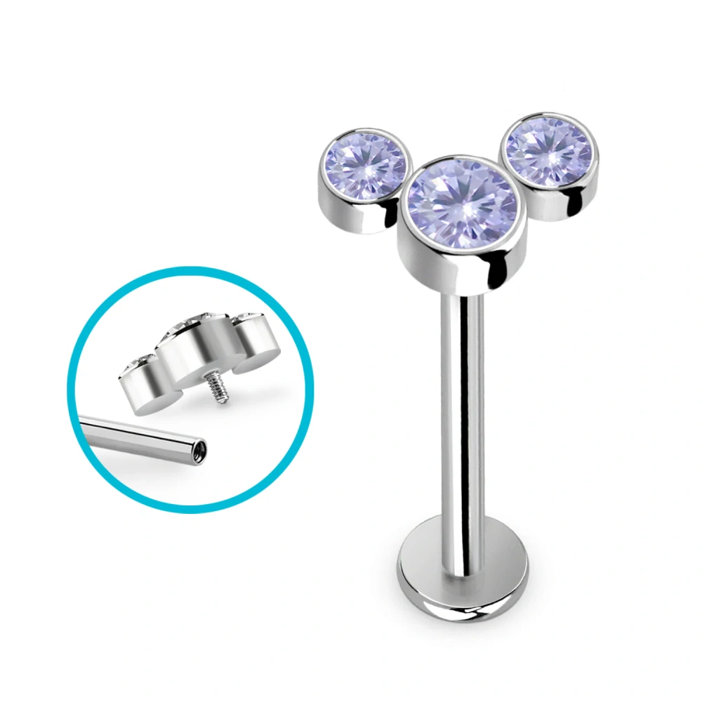 Titanový piercing G23 se třemi kulatými krystaly